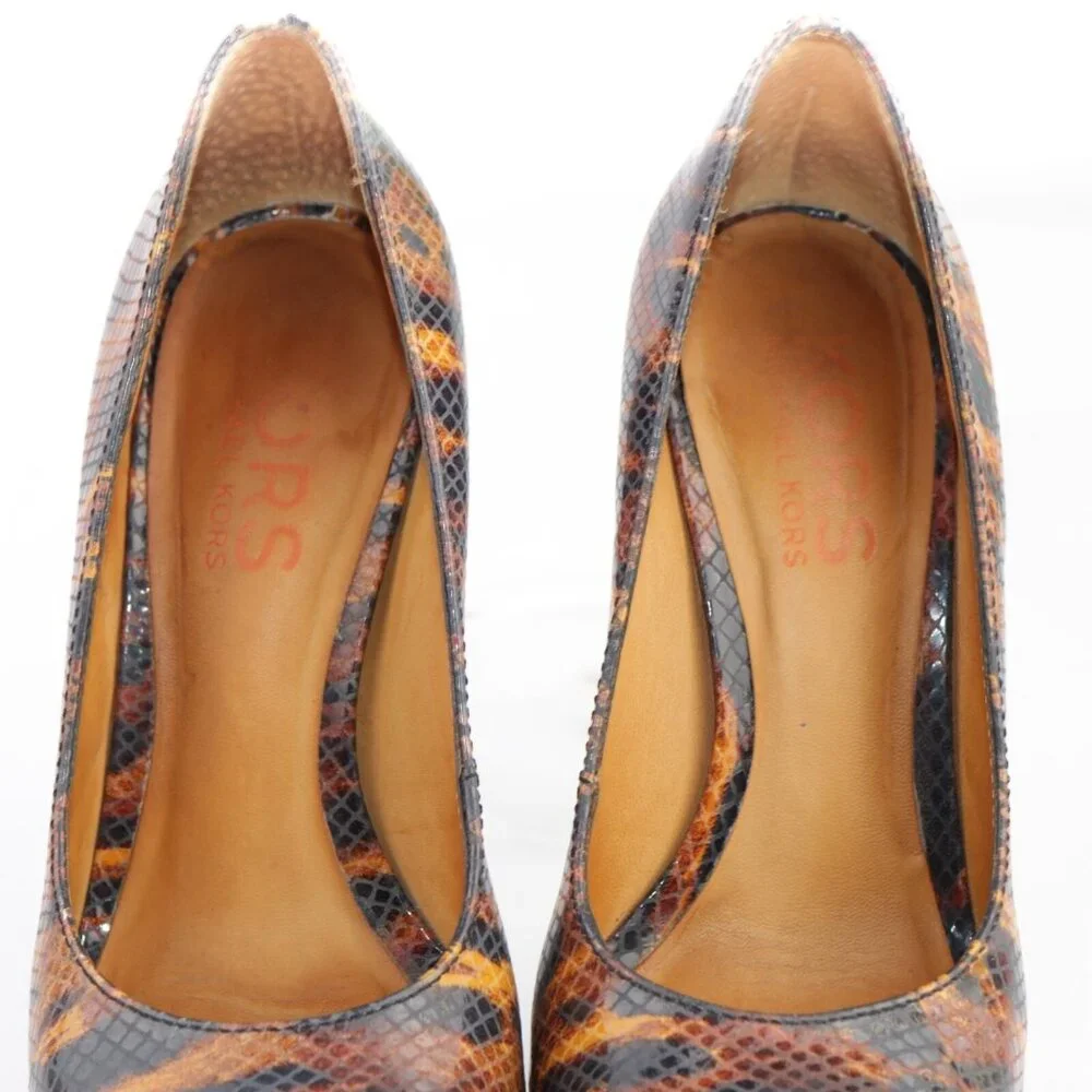 Michael Kors Womens Pumps Size 7 M Brown Tan Python Platform Heel Peep Toe Shoes - Picture 9 of 13